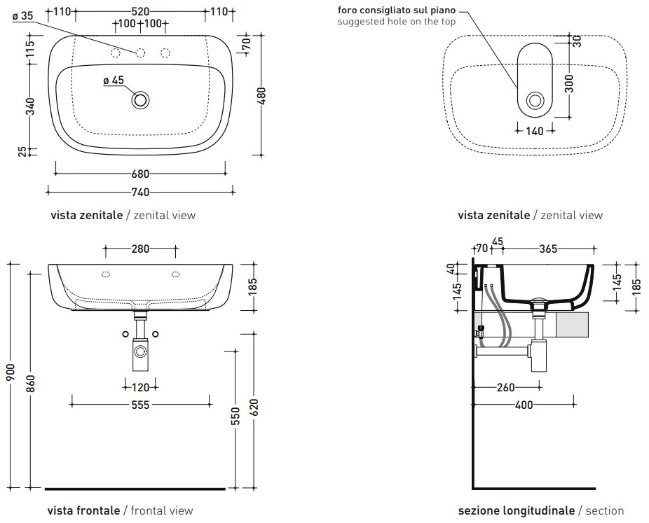 Ceramica Flamininia Mono lavabo 74x48 da appoggio o sospeso senza troppopieno predisposto 3 fori in ceramica bianco