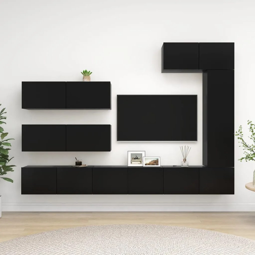 Set Di Mobili Porta Tv 7 Pz Nero İn Legno Multistrato /