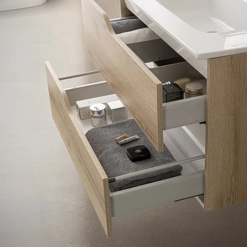 Mobile bagno sospeso 100cm quercia e bianco con lavabo e specchio Sumya