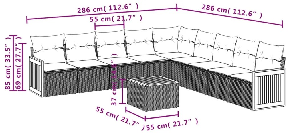 Set divani da giardino 10pz con cuscini in polyrattan nero