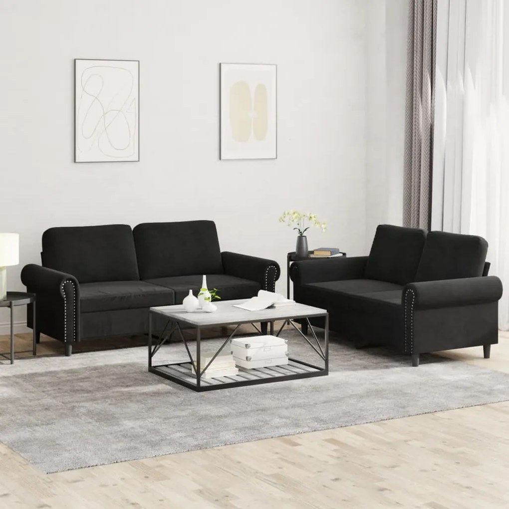 Set Di Divani 2 Pz Con Cuscini Nero İn Velluto /