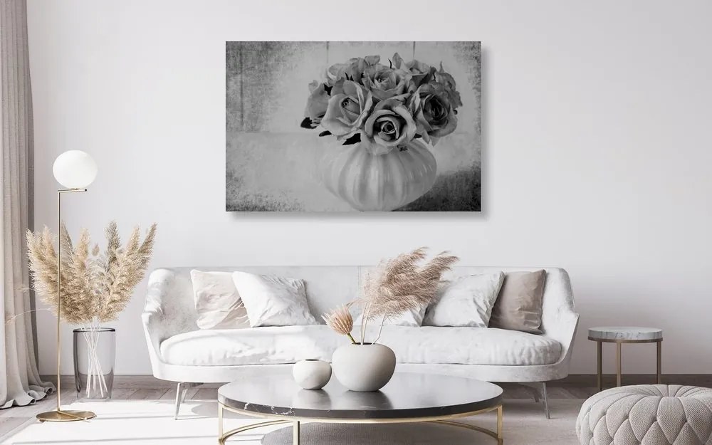 Stampa su tela – Rose nel vaso in bianco e nero