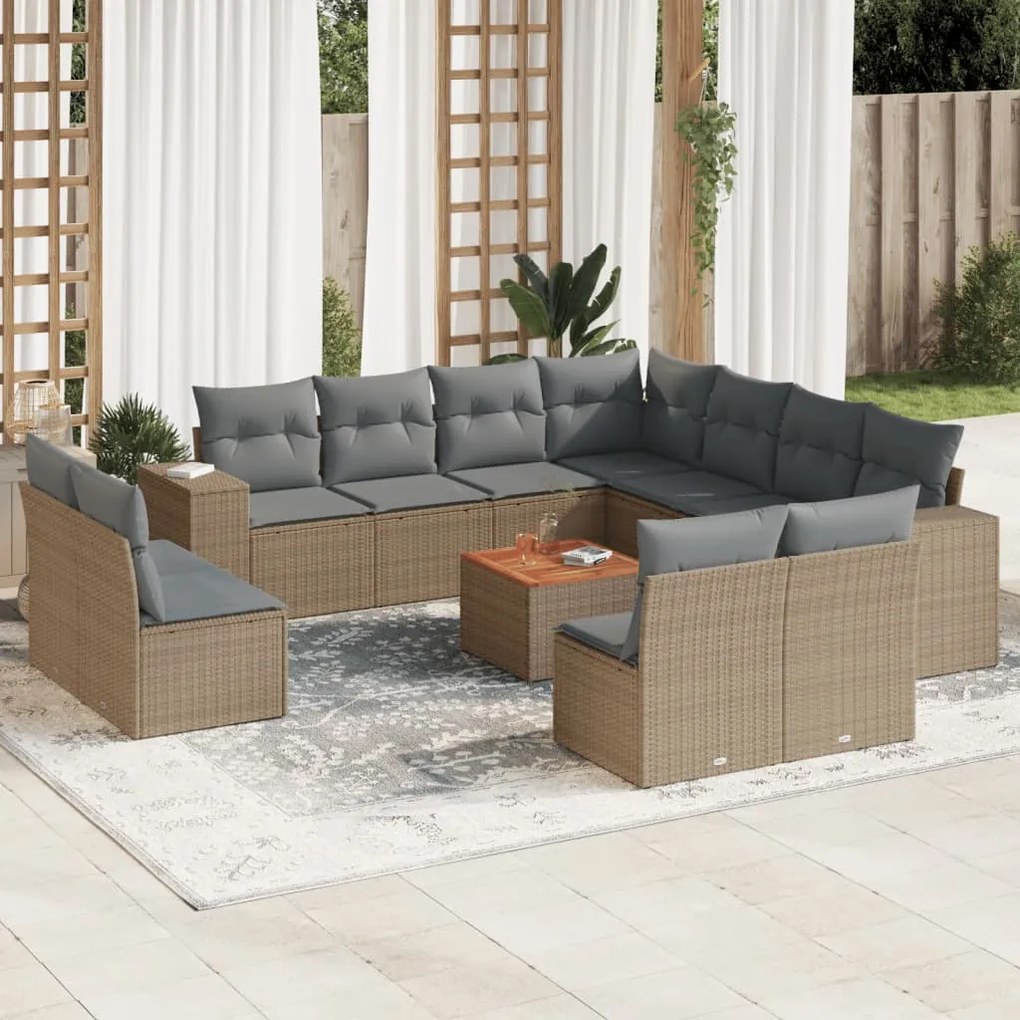 Set divani da giardino 12 pz con cuscini beige in polyrattan