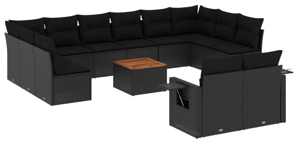 Set divani da giardino 13pz con cuscini nero in polyrattan