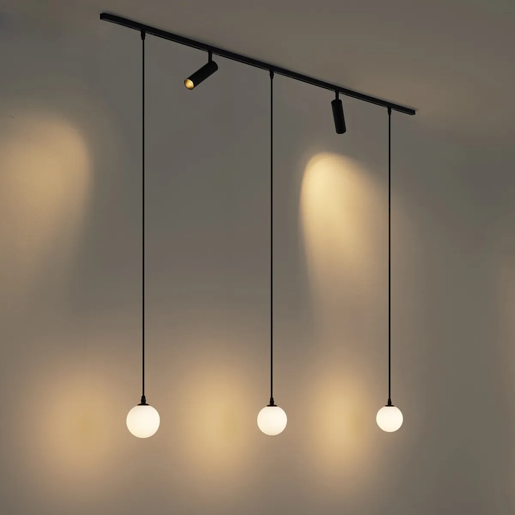 Sistema di illuminazione a binario moderno nero con 2 faretti e 3 luci a sospensione monofase - Slimline Uzzy Eira