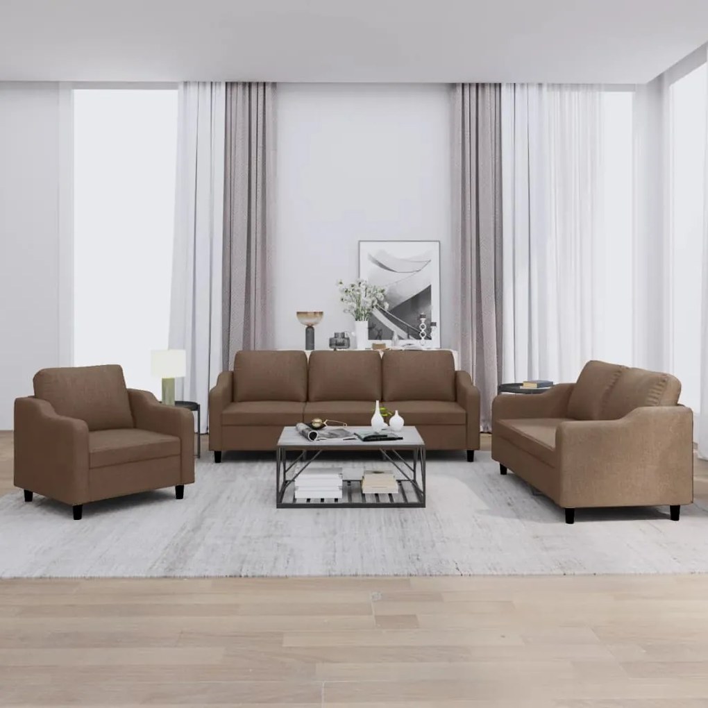 Set Di Divani 3 Pz Con Cuscini Marrone İn Tessuto /