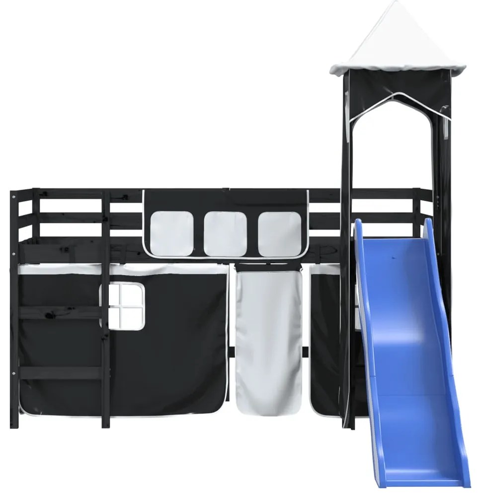 Letto a soppalco con torre bambini bianco e nero 80x200cm pino
