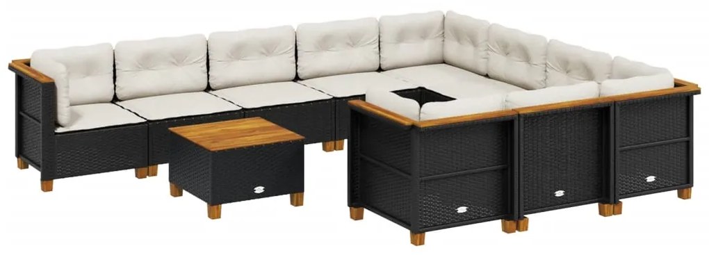 Set divani da giardino 11 pz con cuscini in polyrattan nero