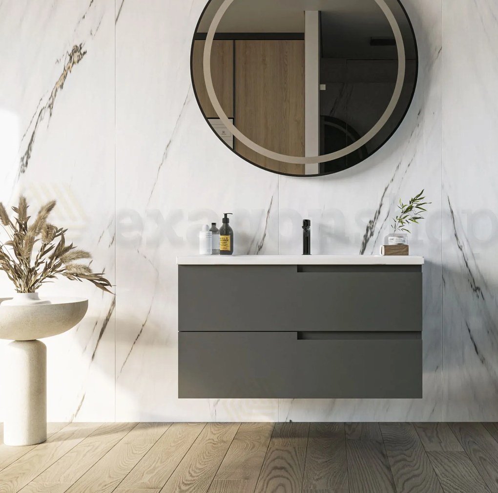 Mobile bagno Grigio opaco 90x46 Sorrento due cassetti con lavabo integrato in ceramica