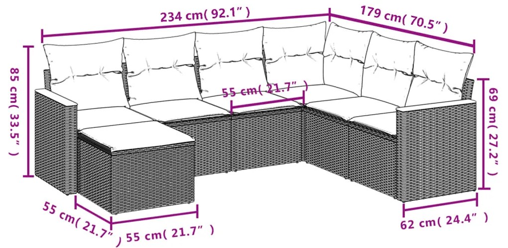 Set divani da giardino con cuscini 7pz nero polyrattan