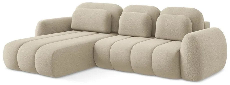 Divano angolare marrone chiaro allungabile/con contenitore (con penisola a sinistra/con chaise lounge) con rivestimento in bouclé Pele – Makamii