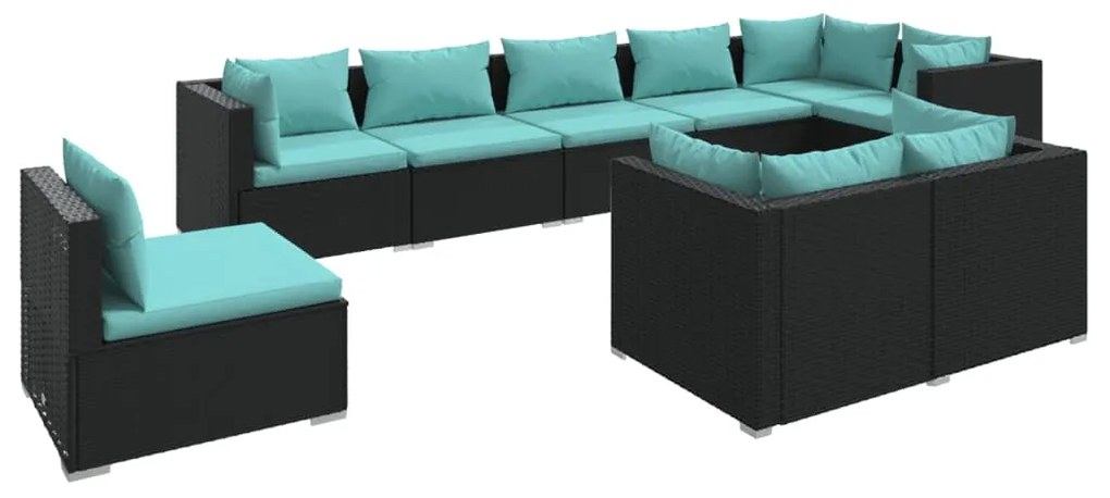 Set divani da giardino 9 pz con cuscini in polyrattan nero