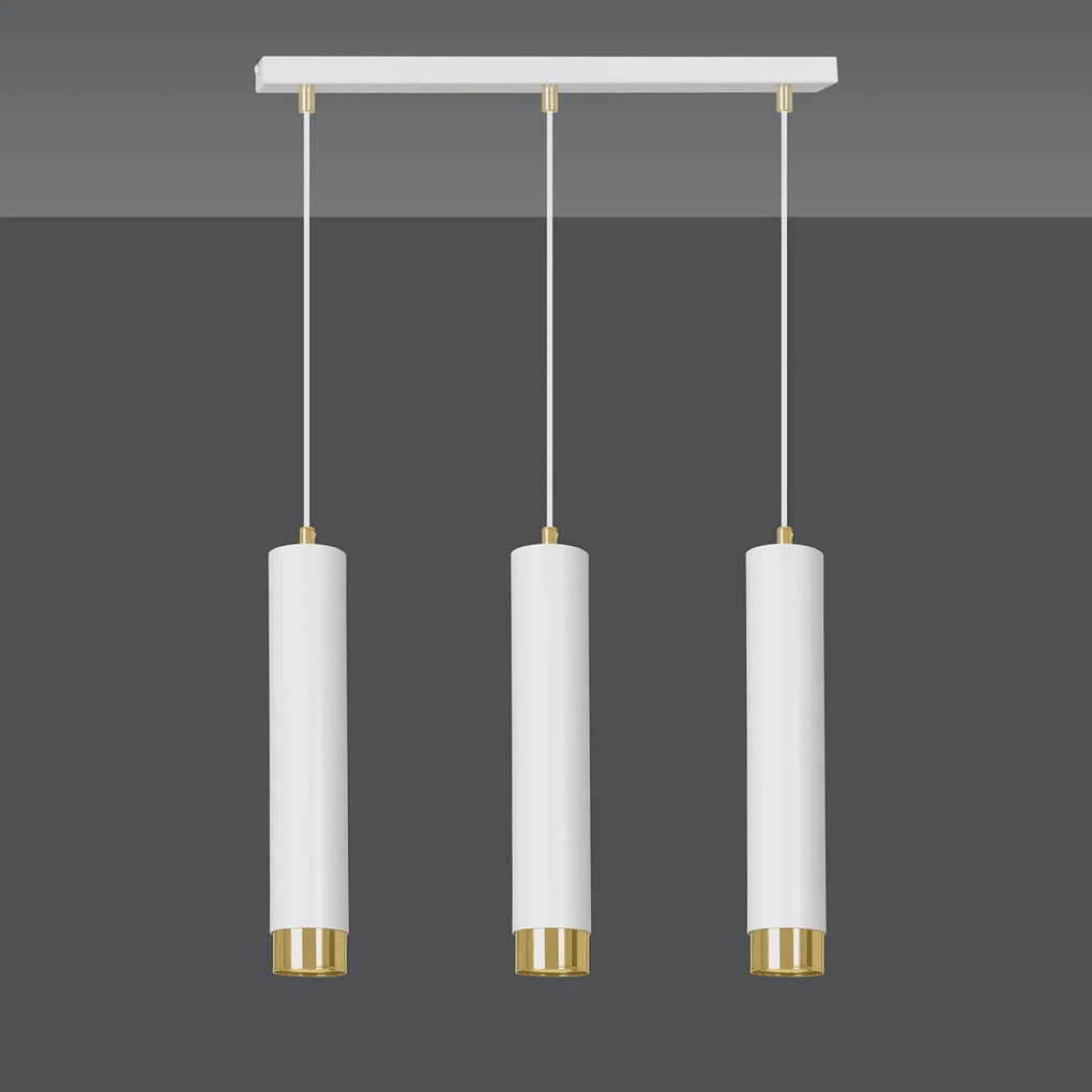 Lampadario 3 Luci Brunilde In Acciaio Bianco E Tubolari In Bianco E Oro