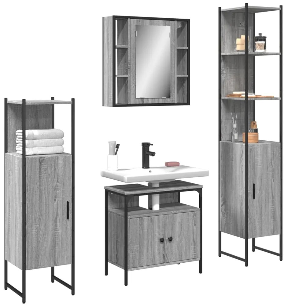 Set mobili da bagno 4 pz grigio sonoma in legno multistrato