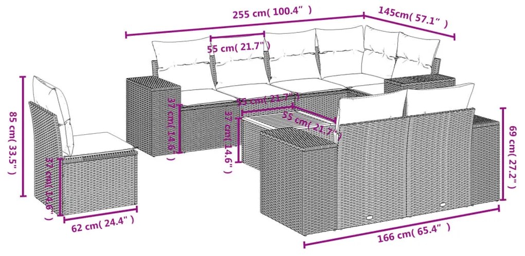 Set Divano da Giardino 9 pz con Cuscini Beige in Polyrattan