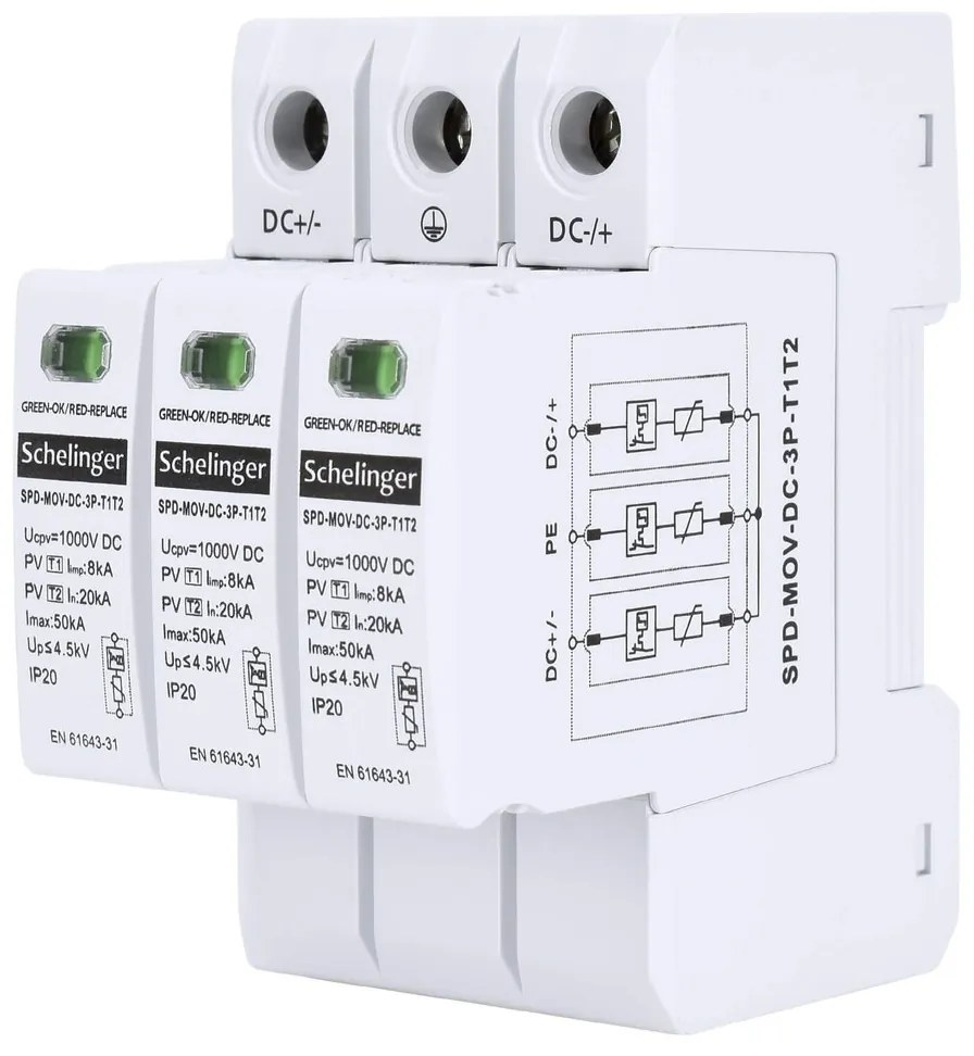 Scaricatore di Sovratensione classe B + C T1 + T2 (1 + 2) 3P 1000V DC