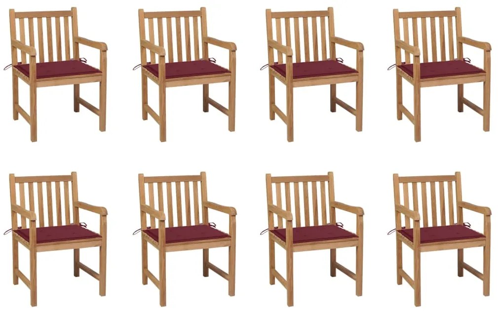 Sedie da giardino 8 pz con cuscini rosso vino massello di teak