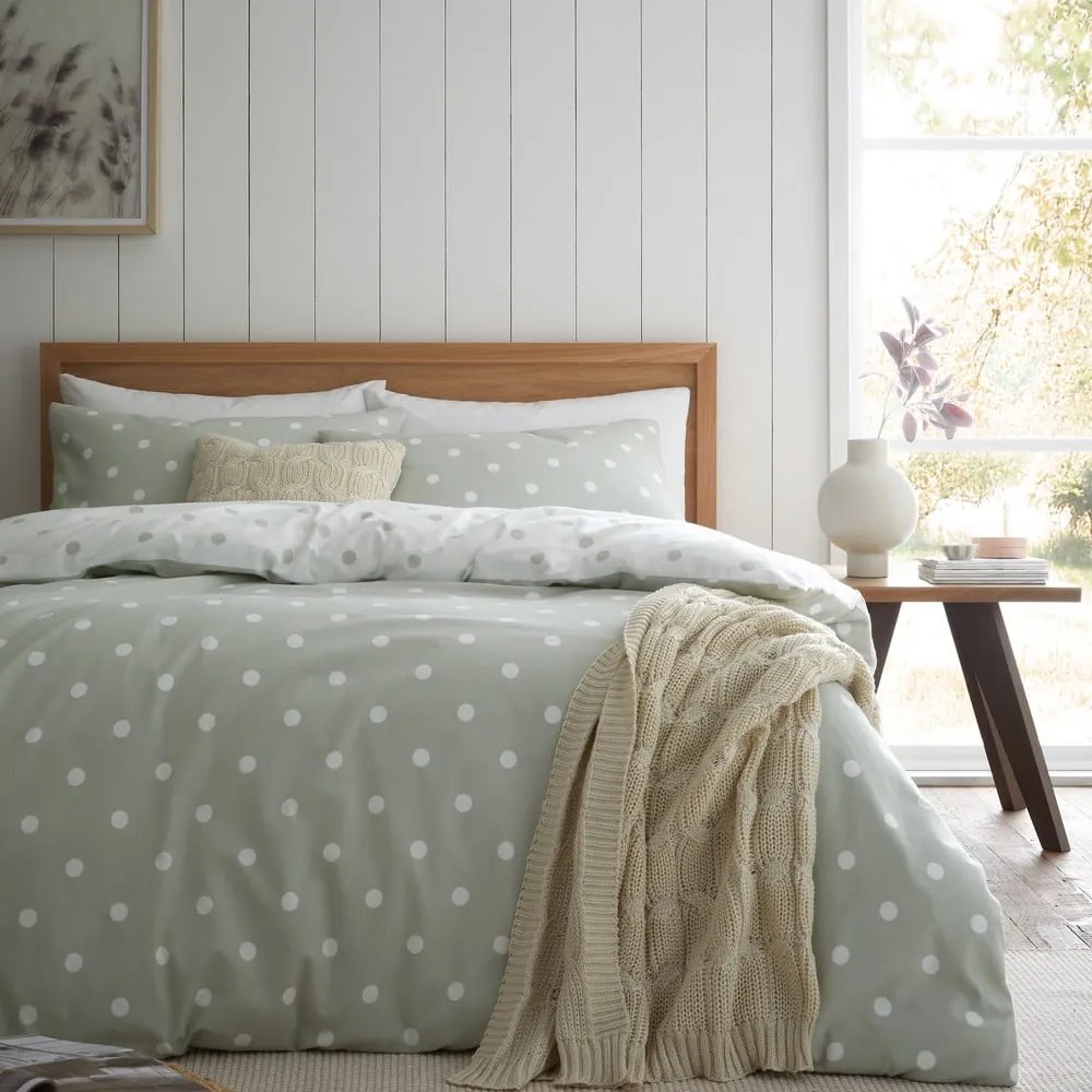 Set copripiumino e federa bianco e verde in flanella per letto matrimoniale e per letto esteso 230x220 cm Polka Dot – Catherine Lansfield