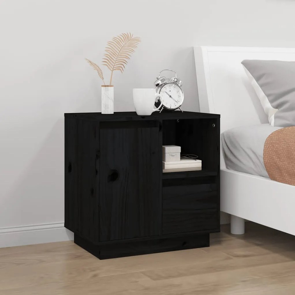 Comodino Nero 50x34x50 Cm İn Legno Massello Di Pino /