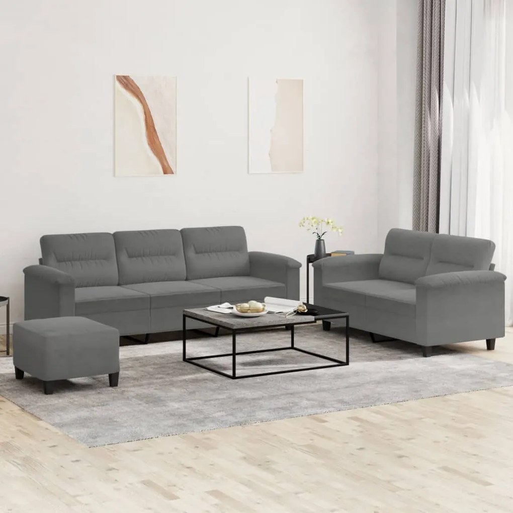Set Divani 3 Pz Con Cuscini Grigio Scuro İn Tessuto Microfibra /