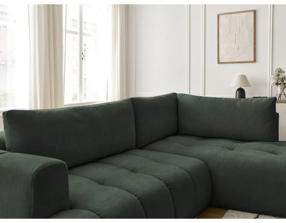 Divano angolare verde allungabile e con contenitore (penisola a destra/a L) con rivestimento in ciniglia Fuji – Bobochic Paris