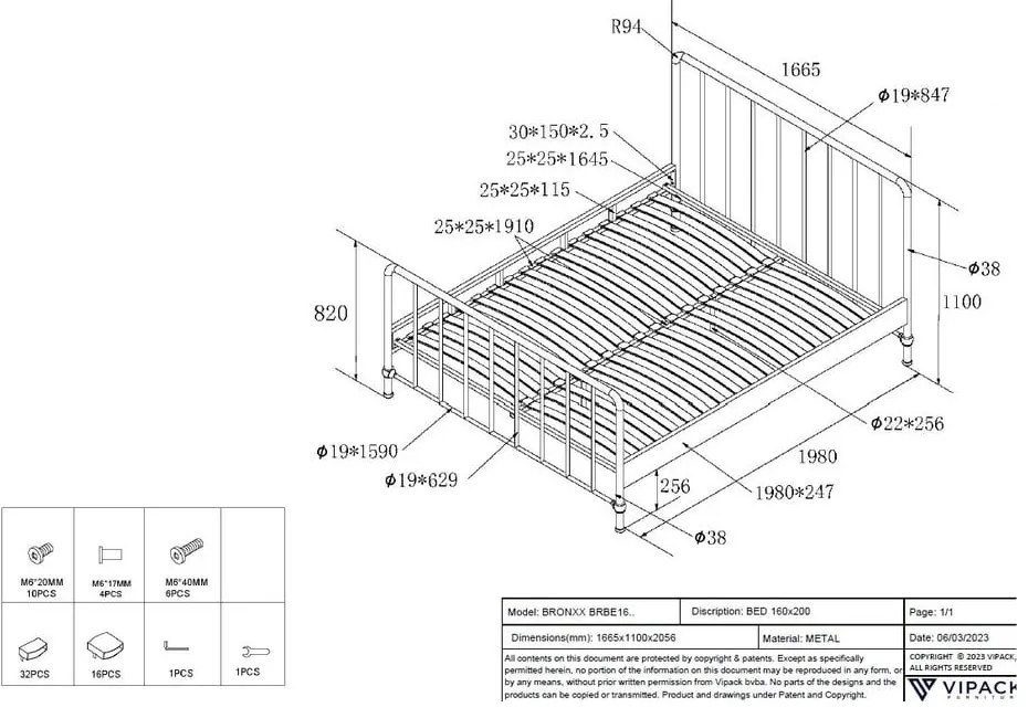 Letto singolo nero in metallo con rete 160x200 cm BRONXX - Vipack