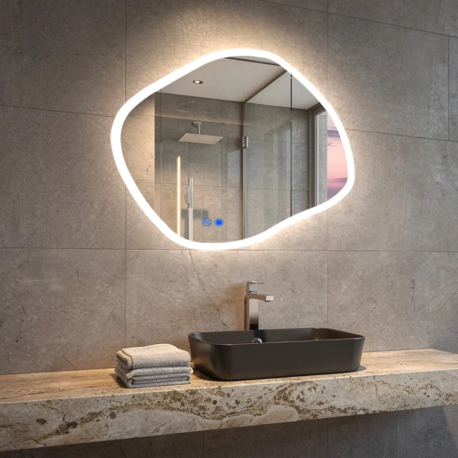 Specchio da bagno con illuminazione  104x94\74x64\84x74 cm, doppia tonalità, interruttore touch, tappetino riscaldante
