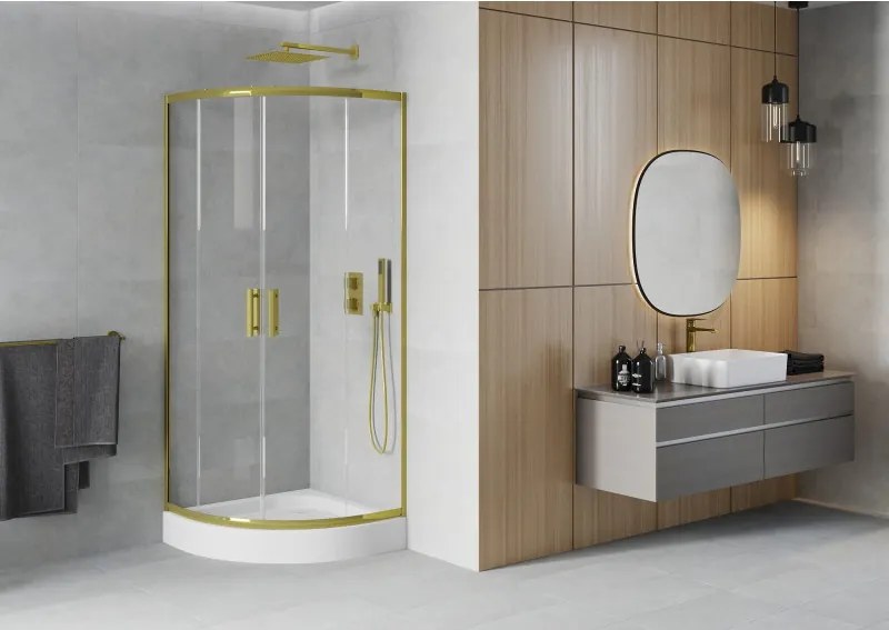 Mexen Rio cabina doccia semicircolare 80 x 80 cm, trasparente, oro + piatto Rio, bianco - 863-080-080-50-00-4710