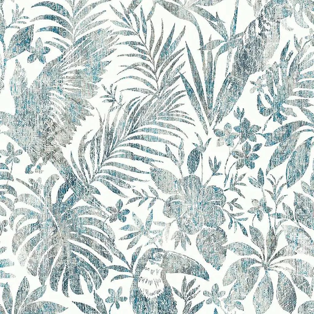 DUTCH WALLCOVERINGS Carta da Parati Motivo Foglie e Tucano Blu