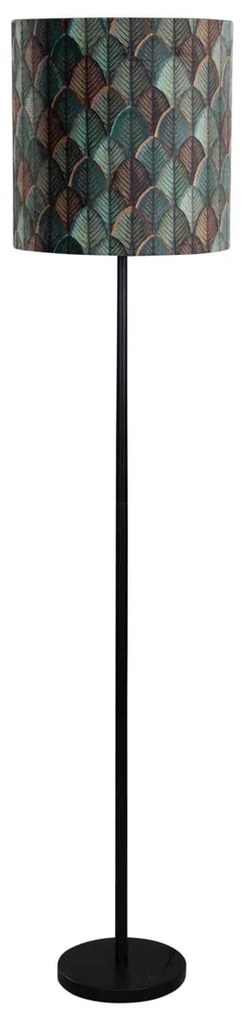 Lampada da Terra Nera con Paralume in Velluto, Motivo Foglie e Interno Oro - Simplo