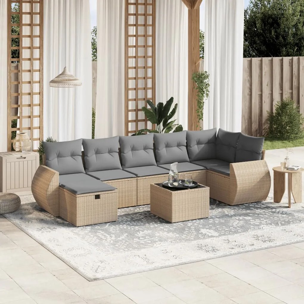 Set divano da giardino 8 pz con cuscini beige misto polyrattan