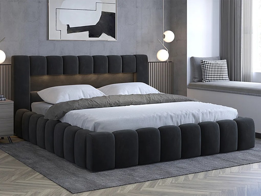 Letto matrimoniale con box contenitore Santander - 160 x 200 cm , Tessuto grigio scuro