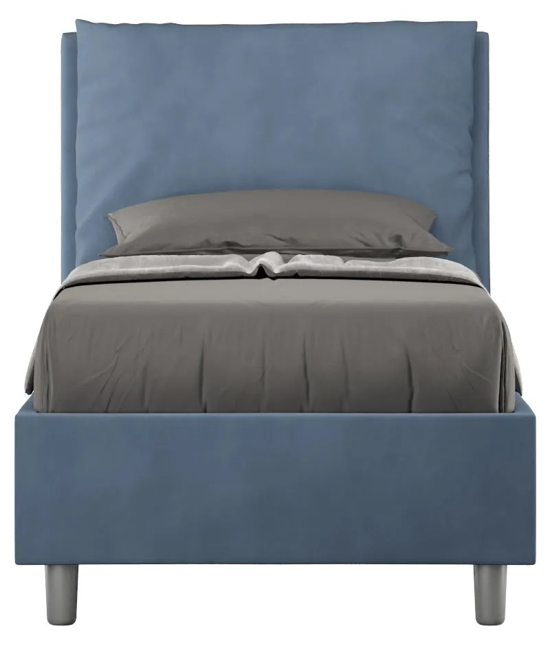 Letto singolo imbottito 80x210 microfibra Antea senza rete, con rete e contenitore, Blu / Contenitore