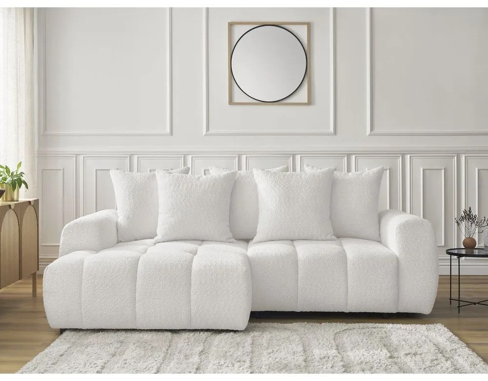 Divano angolare bianco allungabile/con contenitore (con penisola a sinistra/con chaise lounge) con rivestimento in bouclé Roxelane – Bobochic Paris
