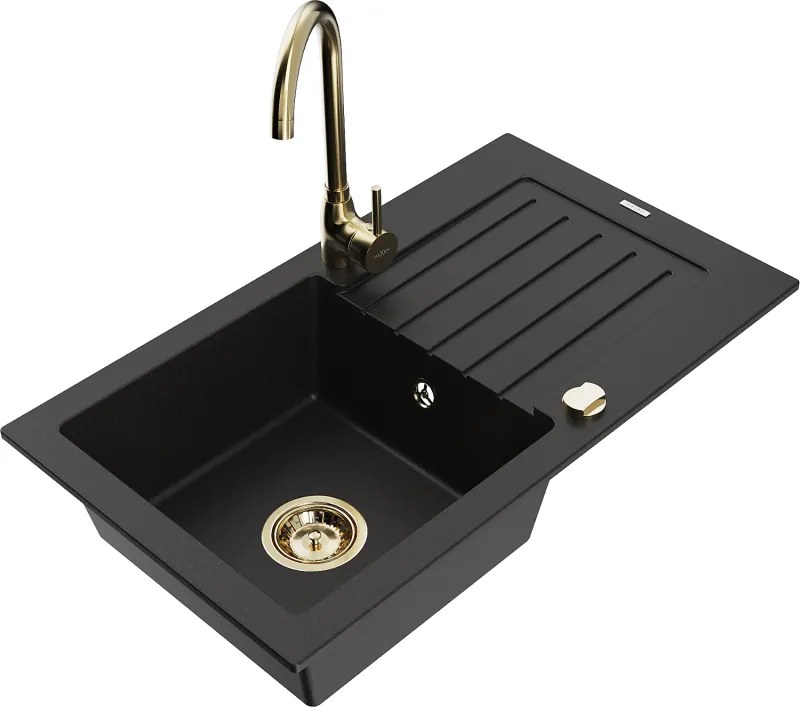 Mexen Pablo lavello in granito ad 1 vasca con scolapiatti e rubinetto da cucina Telma, nero - 6510-77-670200-50