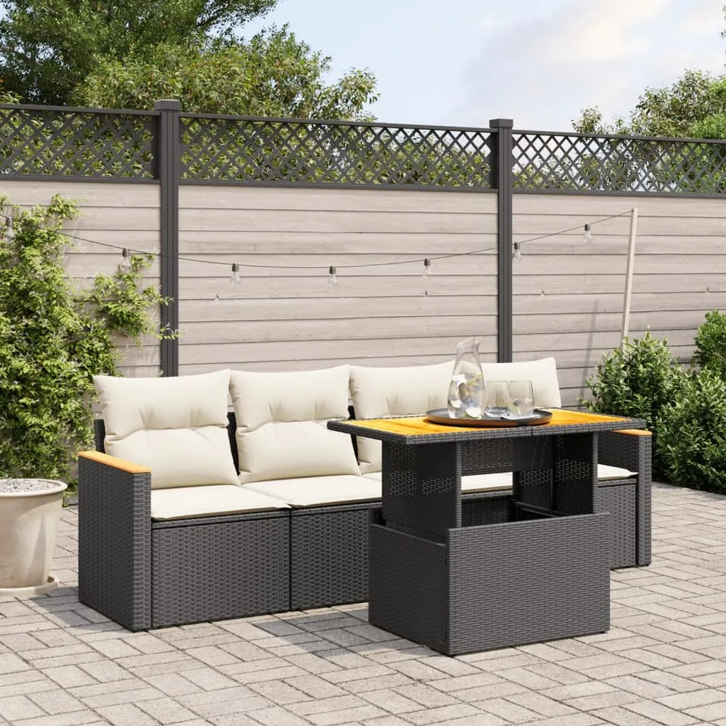 Set divani da giardino 5 pz con cuscini in polyrattan nero