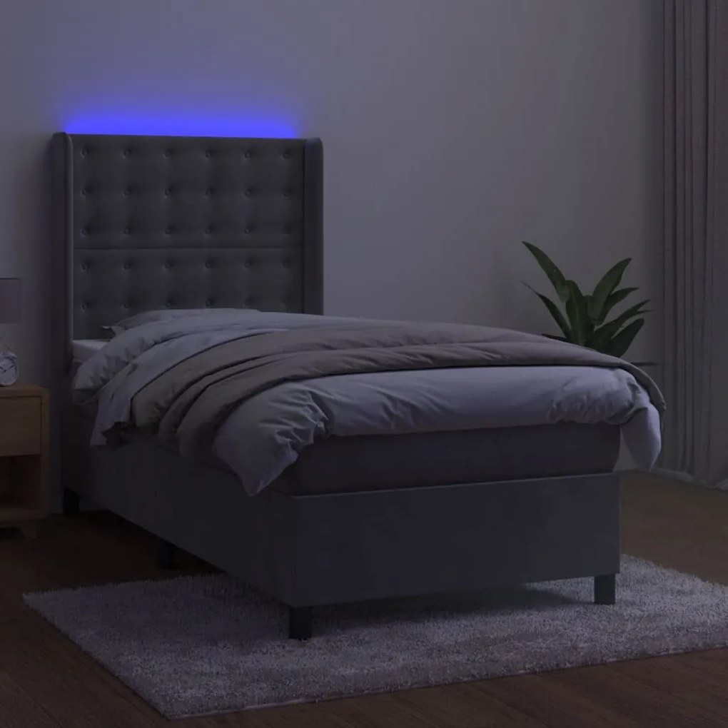 Letto a molle materasso e led grigio chiaro 90x190 cm velluto