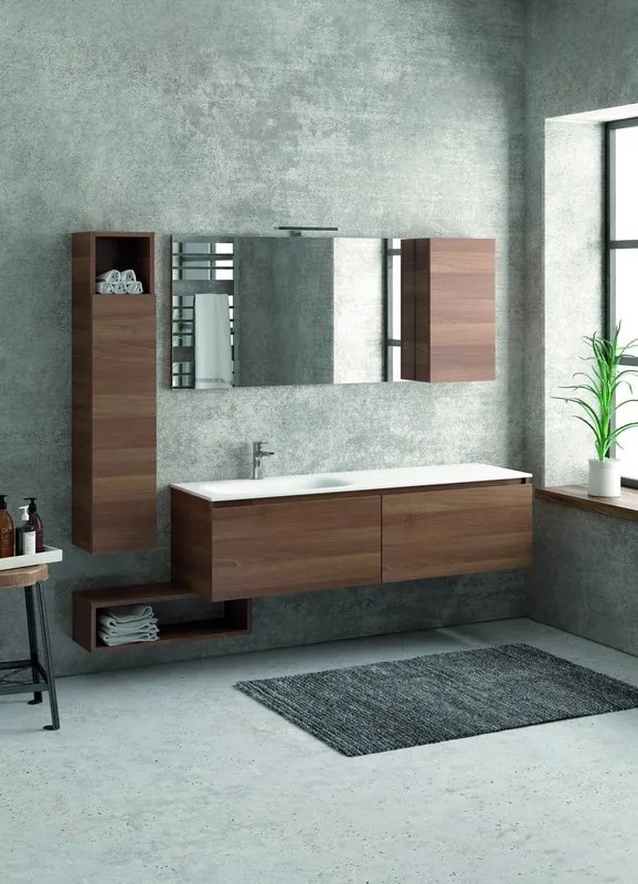 Composizione bagno 155cm sospesa, composta da mobile con lavabo, specchio, colonna e pensile SP-155E - KAMALU