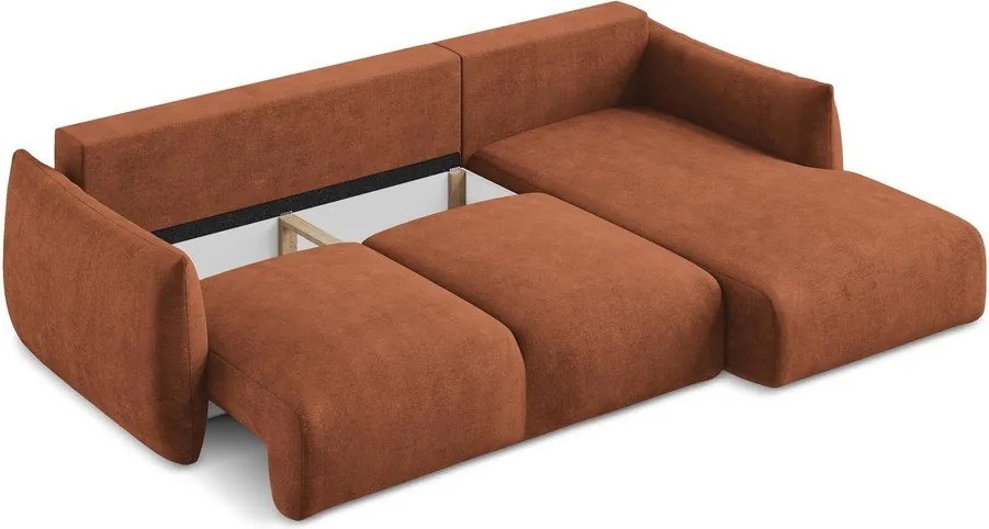 Divano angolare color terracotta allungabile (con penisola a destra/con chaise lounge) con rivestimento in ciniglia Leila – Makamii