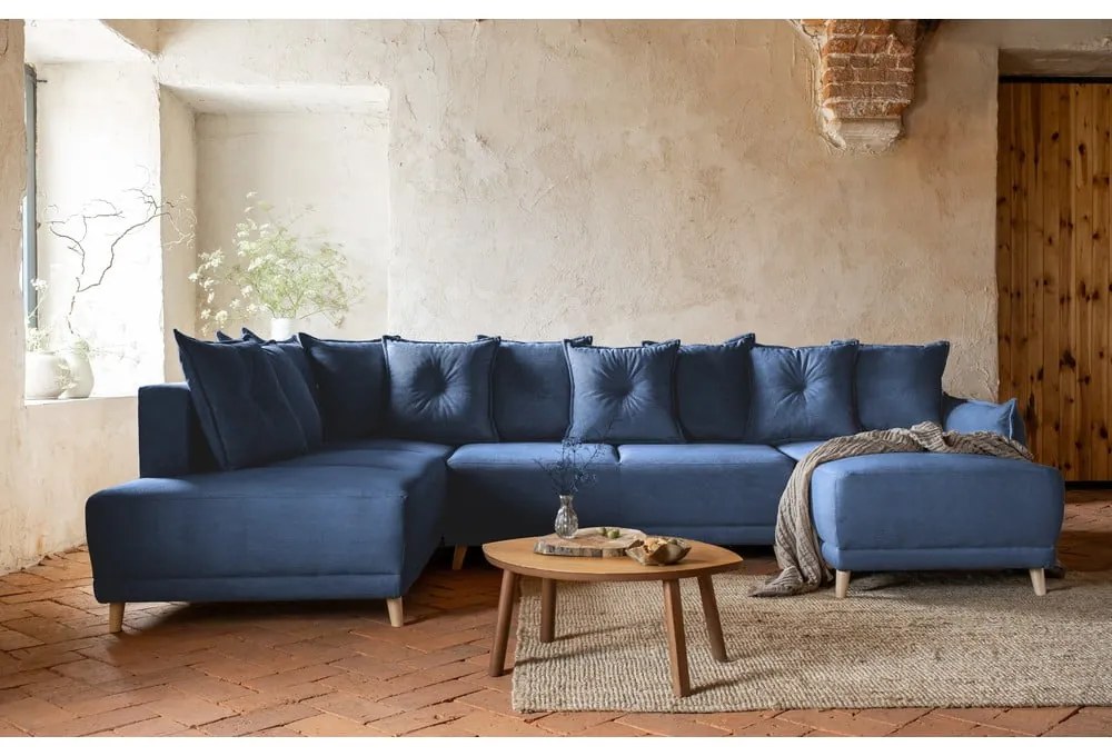 Divano letto angolare in velluto a coste blu scuro (angolo sinistro/"U") Lazy Lukka - Miuform