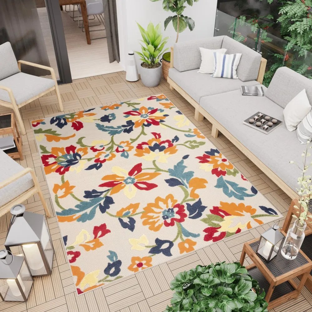 Tappeto per patio color crema con motivo di fiori colorati Larghezza: 140 cm | Lunghezza: 200 cm