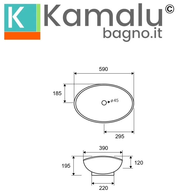 Kamalu - lavabo da appoggio design a bacinella in ceramica bianca 59cm | litos-359b