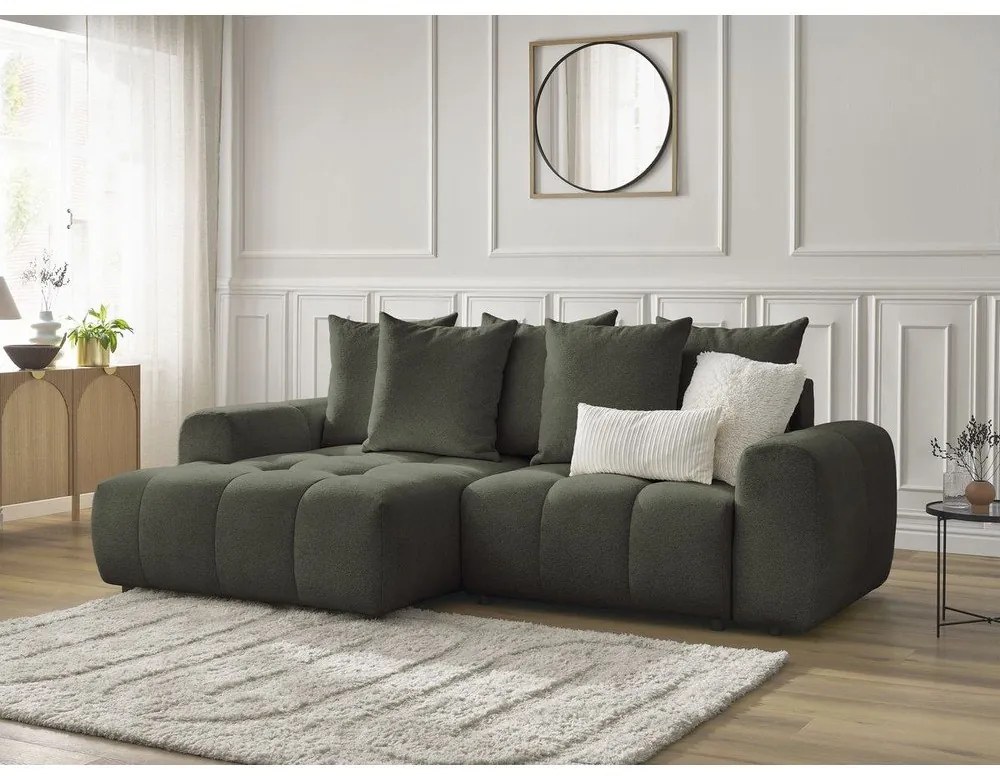 Divano angolare color kaki allungabile/con contenitore (con penisola a sinistra/con chaise lounge) con rivestimento in ciniglia Roxelane – Bobochic Paris