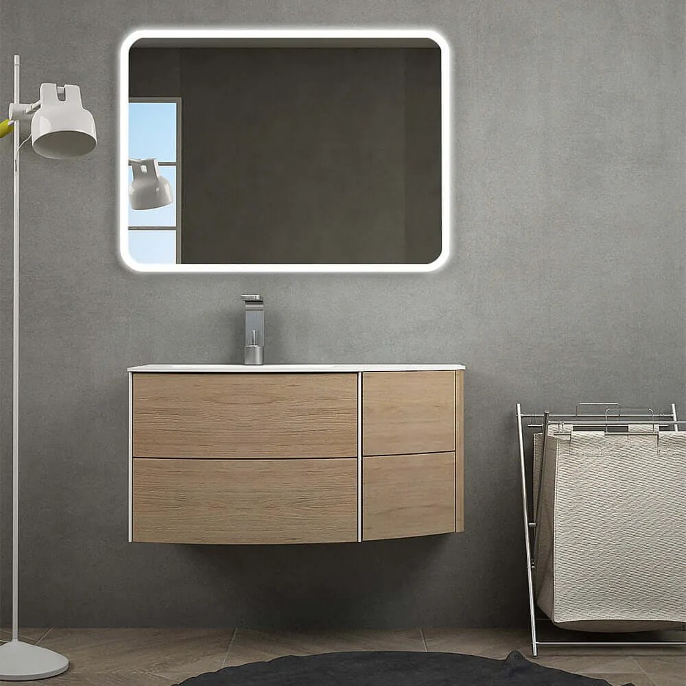 Mobile da bagno Rovere tabacco sospeso 60 cm Rio curvo asimmetrico con specchio led, lavabo a destra