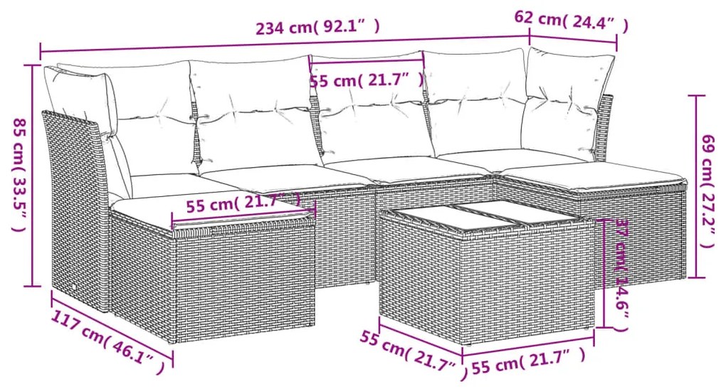 Set divani da giardino 7 pz con cuscini beige in polyrattan