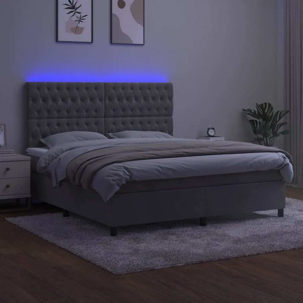 Letto a molle materasso e led grigio chiaro 160x200 cm velluto