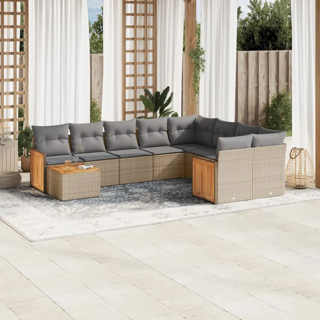 Set divano da giardino 10 pz con cuscini beige in polyrattan