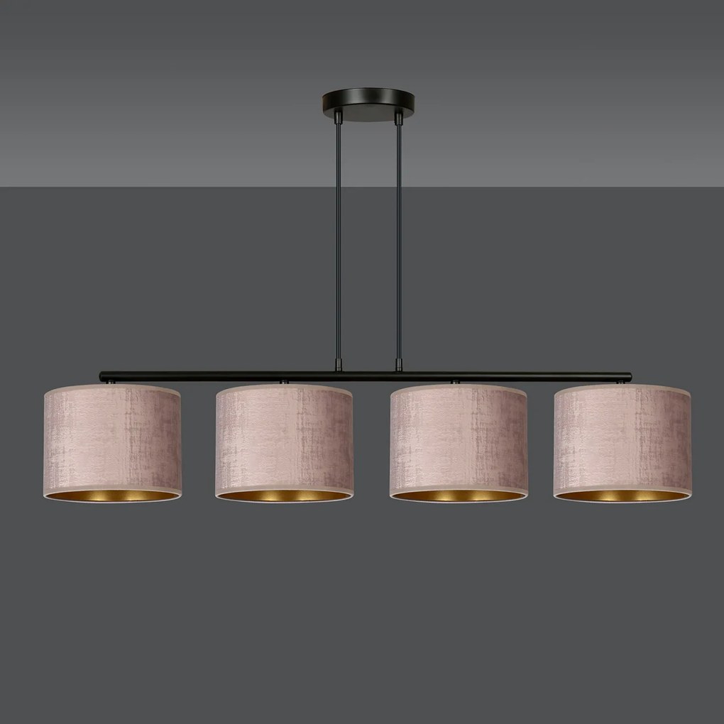 Lampadario 4 Luci Ganesha In Acciaio Nero E Paralumi In Tessuto Rosa