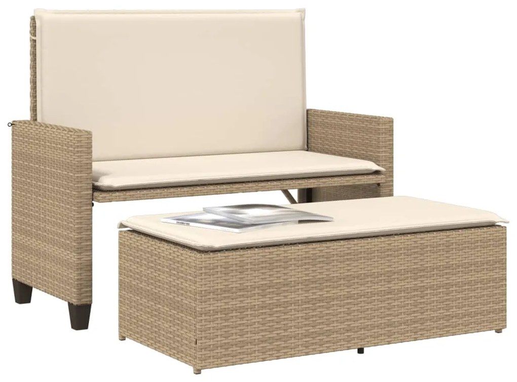 Panca da giardino con cuscini e poggiapiedi beige in polyrattan