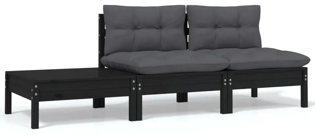 Set divani da giardino 3 pz con cuscini nero massello di pino
